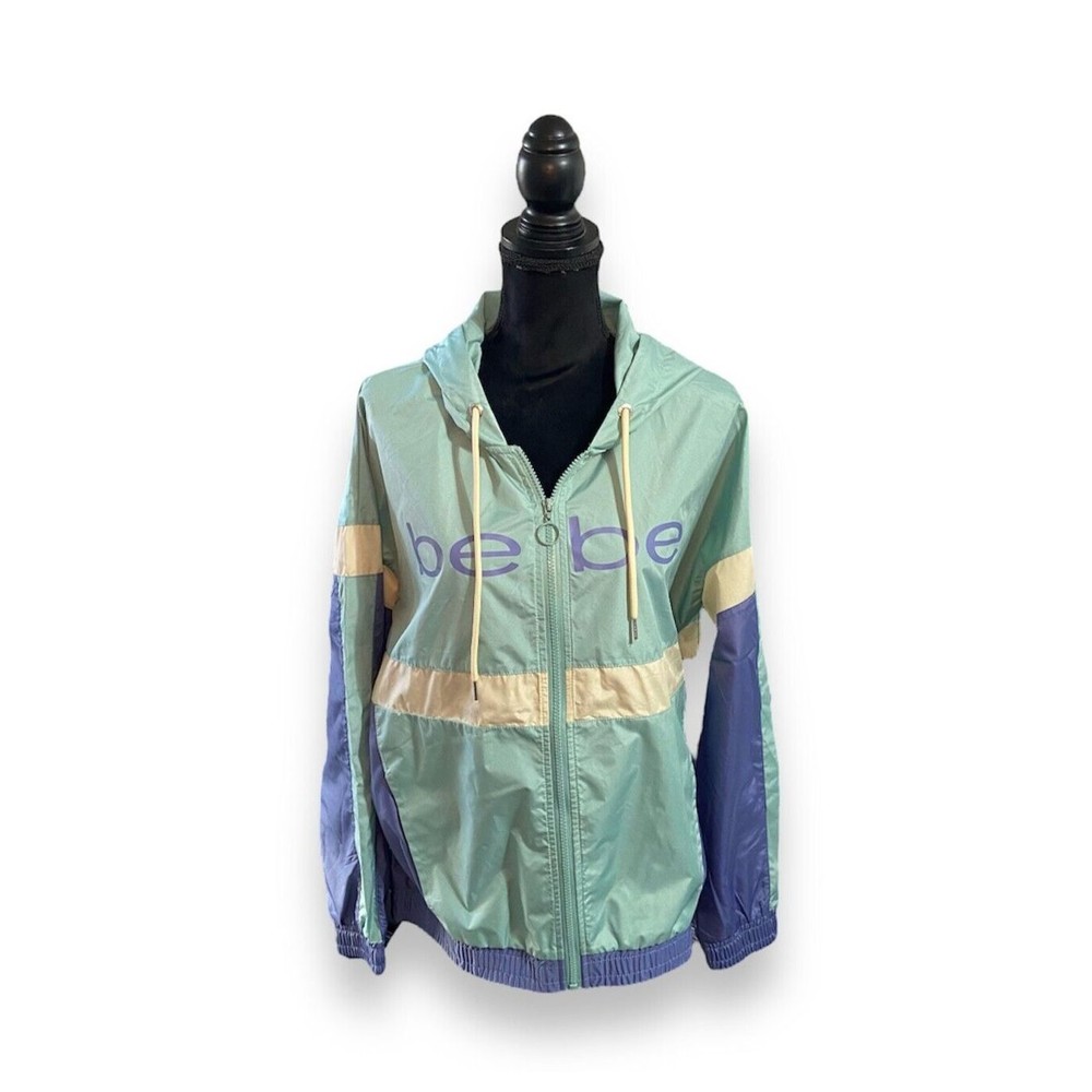Bebe Sport Women's Hooded Windbreaker Track Jacket Size L Sage Green / Purple